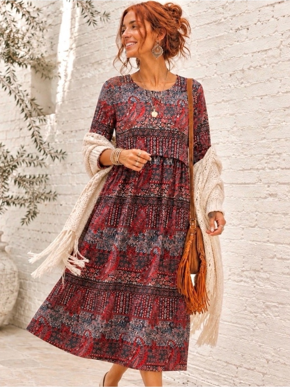 Boho Paisley Cotton Midi Dress; S Long Sleeve w/ Pockets Eco Dye Fall/Winter